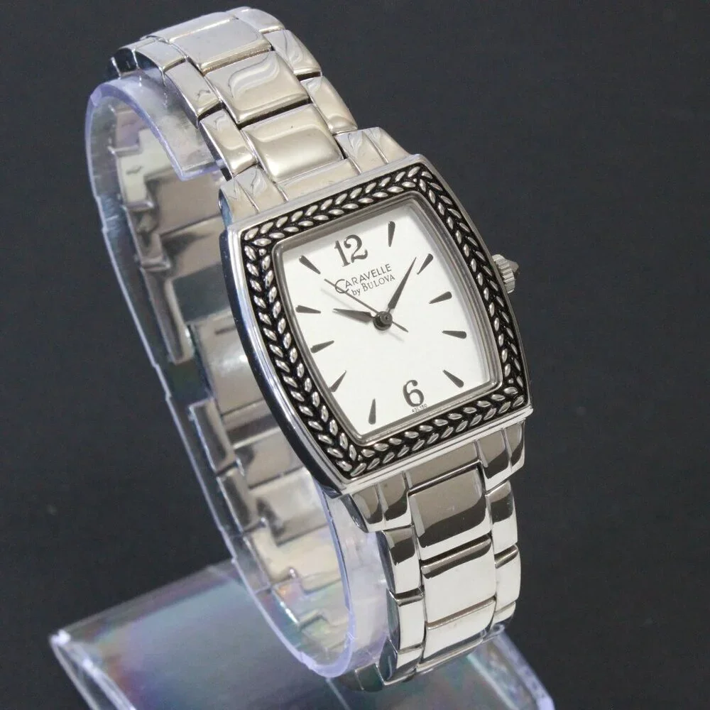 Caravelle Ladies Tonneau Style Quartz Watch By Bulova Silver Tone 26mm x 37.5mm